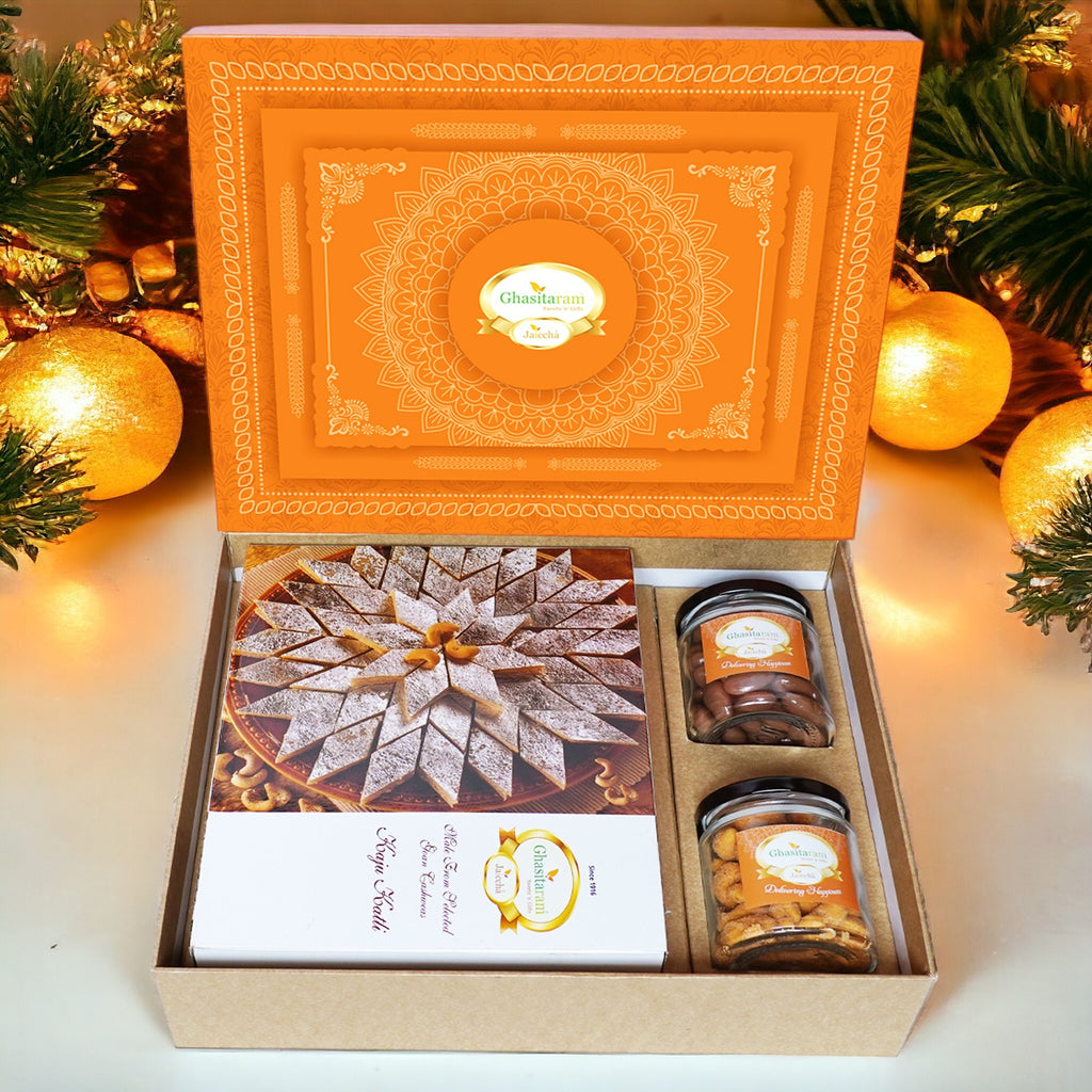 Corporate Gifts-Ghasitaram Orange Hamper Box with Kaju Katli , Choco Almonds, and Crunchy Cashews