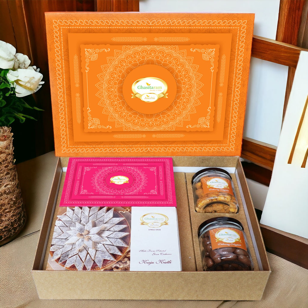 Corporate Gifts-Ghasitaram Orange Hamper Box with Kaju Katli, Milk Cake, Choco Coated Almonds and Crunchy Cashews