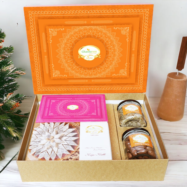 Corporate Gifts-Ghasitaram Orange Hamper Box with Kaju Katli, Milk Cake, Choco Coated Almonds and Paan Raisins