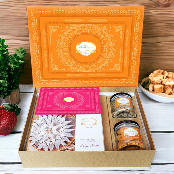 Corporate Gifts-Ghasitaram Orange Hamper Box with Kaju Katli, Milk Cake, Paan Raisins and Crunchy Cashews