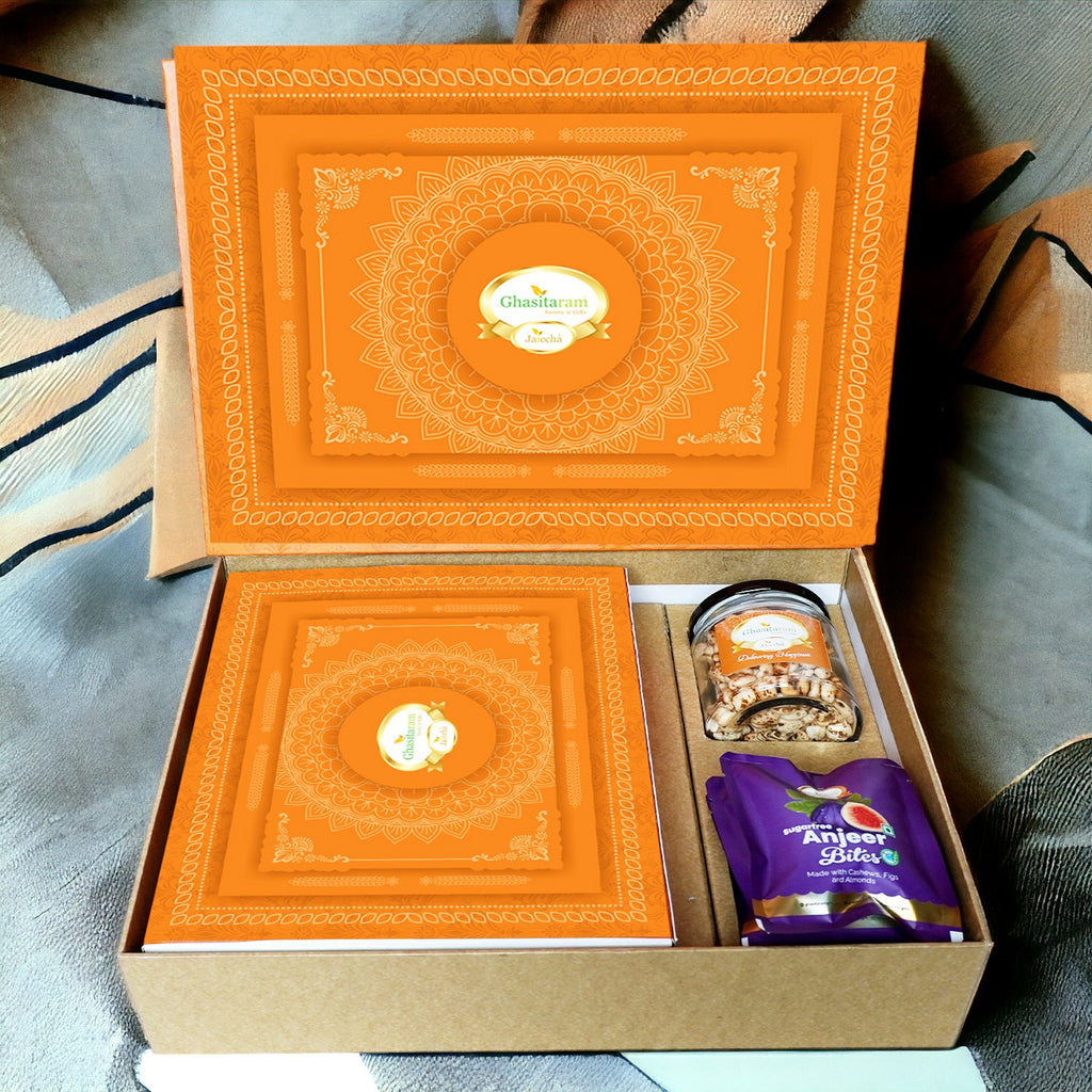 Corporate Gifts-Ghasitaram Orange Hamper Box with Sugarfree Kaju Katli, Sugarfree Bites and Wheat Puffs