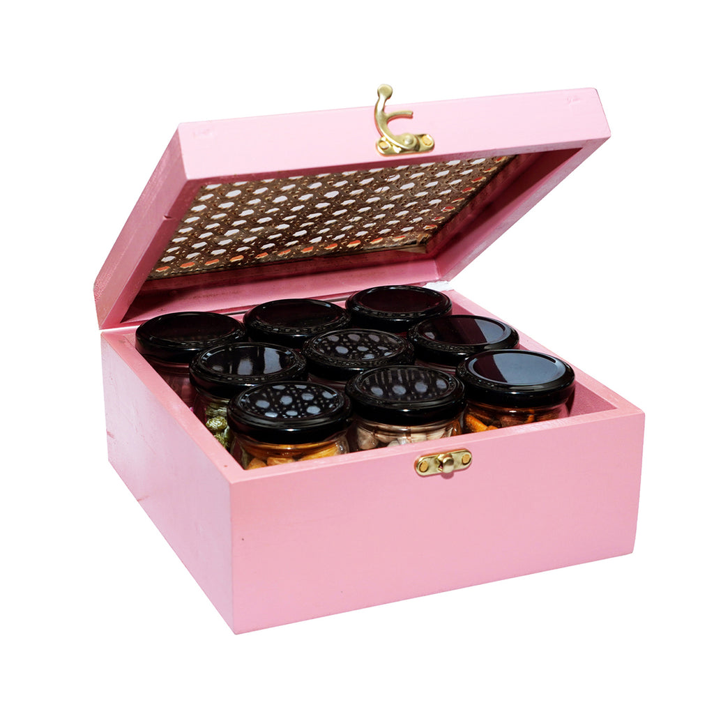 Corporate Gifts-Pink Cane Rattan Box of 9 Dryfruit Jars