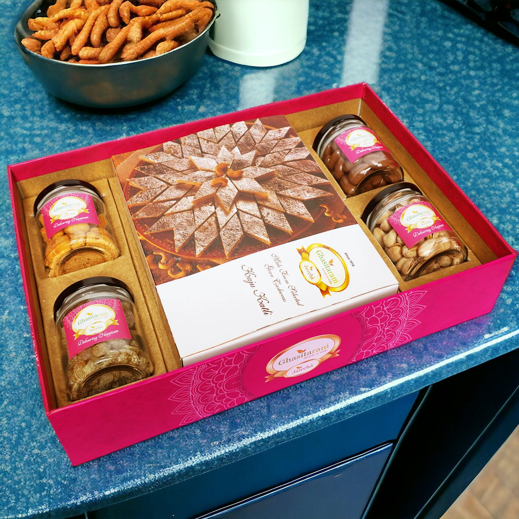 Corporate Gifts-Ghasitaram Big Hamper Tray of Kaju Katlis, Crunchy Cashew, Paan Raisins, Choco Almonds, and Pistachios