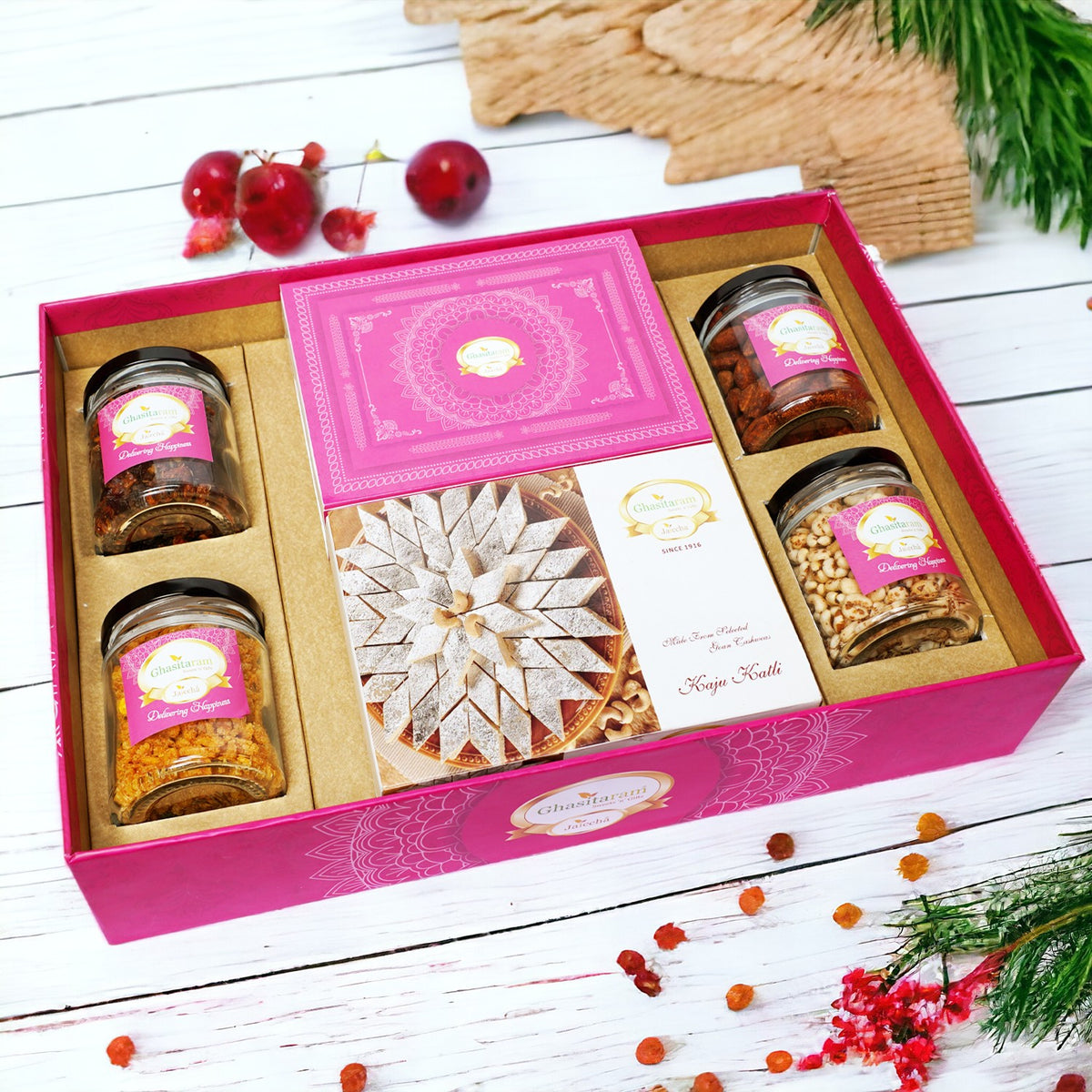 Corporate Gifts-Ghasitaram Big Hamper Tray of Kaju Katlis, Milk Cake, Peri Almonds, Chiwda, Wheat Puffs and Paan