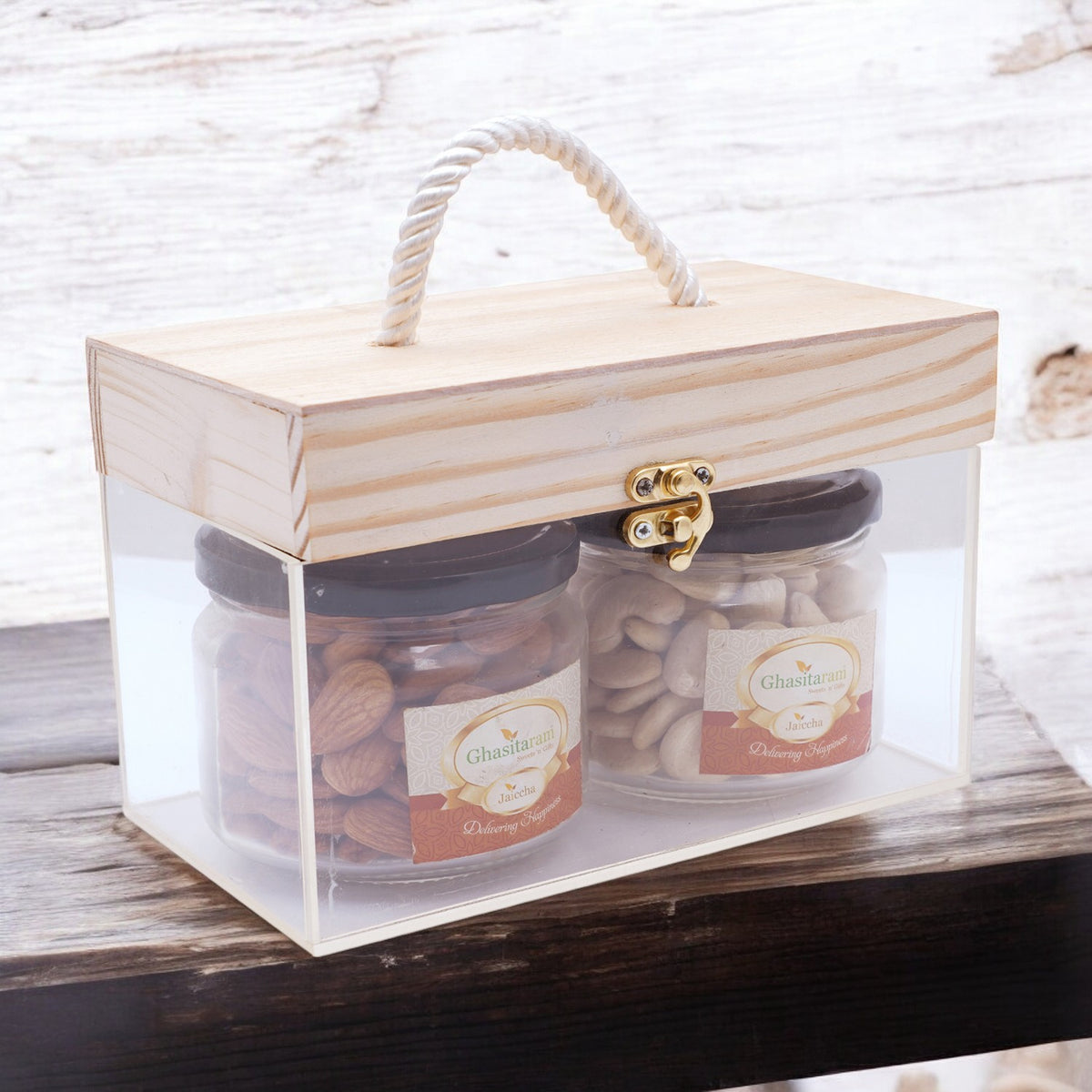 Corporate Gifts-Wooden Acrylic Box of 2 big Jars of Cashews and Almonds