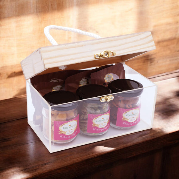 Corporate Gifts-Wooden Acrylic Box of 3 jars of Crunchy Cashews, Paan Raisins, Mix Dryfruit and 5 Mewa Bites