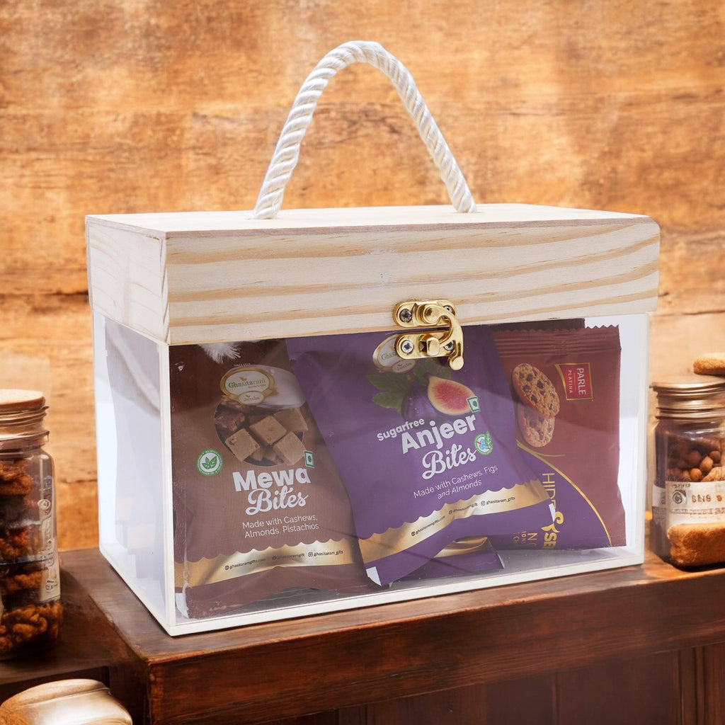 Corporate Gifts-Wooden Acrylic Box of Mewa Bites, Sugarfree Bites and Cookies Pouches