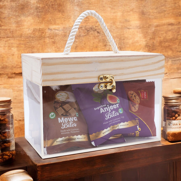 Corporate Gifts-Wooden Acrylic Box of Mewa Bites, Sugarfree Bites and Cookies Pouches