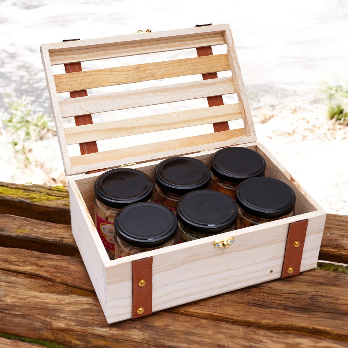 Diwali Gifts-Wooden leather belt box of 6 jars of Dryfruits