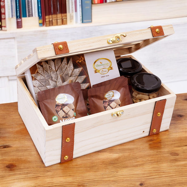 Wooden Leather Belt Box of Kaju Katli, 2 jars of Cashews and Almonds and 5 Mewa Bites