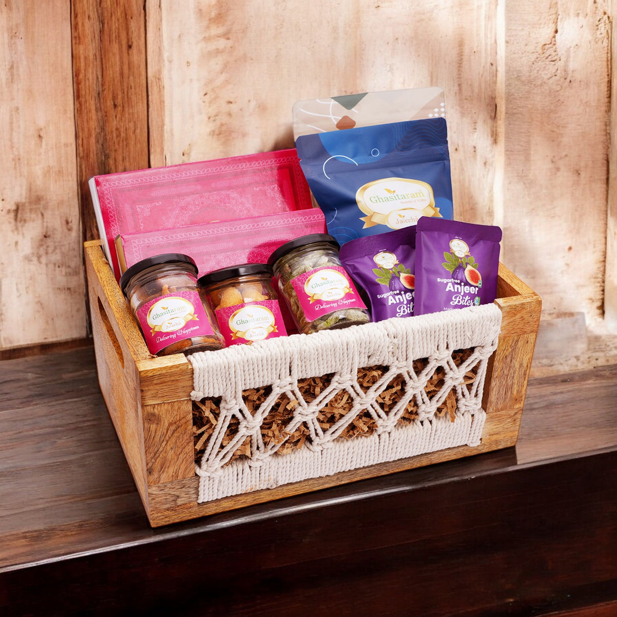 Wooden Jute Rectangle Basket of 17 Goodies