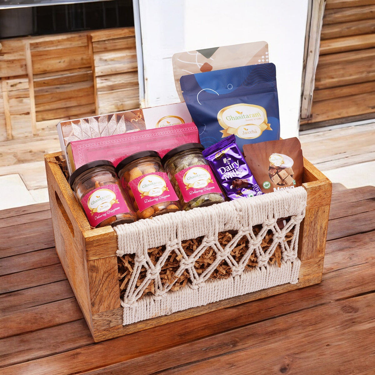 Diwali Gifts-Wooden Jute Rectangle Basket of 17 Goodies