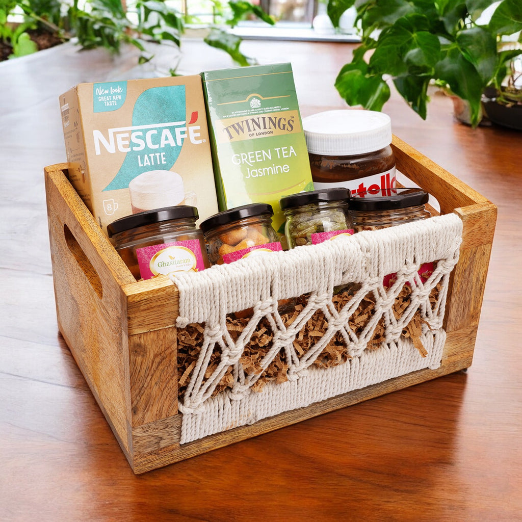 Wooden Jute Rectangle Basket of 7 Goodies