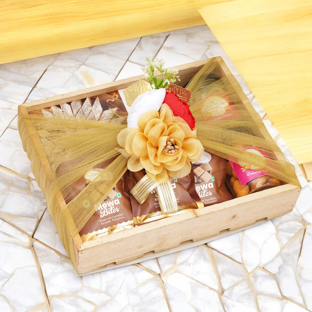 Wooden tray of Kaju Katli, 5 Mewa Bites and 2 Jars of Paan Raisins and Crunchy Cashews