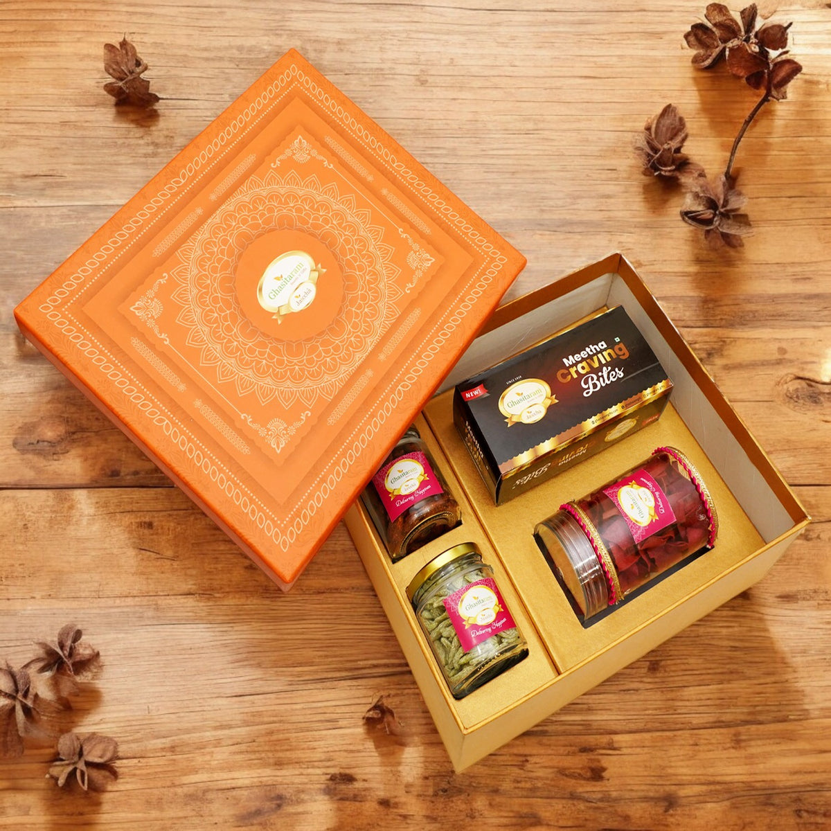 Corporate Gifts-Orange Hamper Box of Sweets / Bites, Namkeen and Dryfruit- Ohb-2