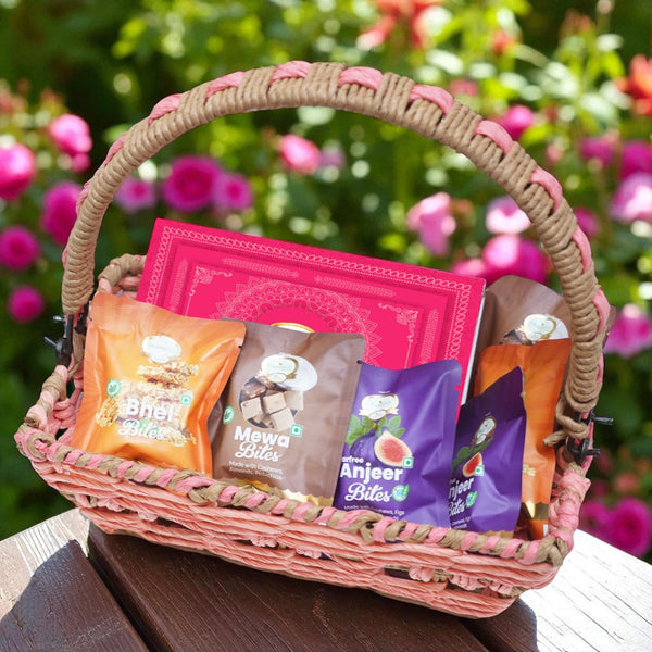Corporate Gifts-Pink basket with bites and milk cake