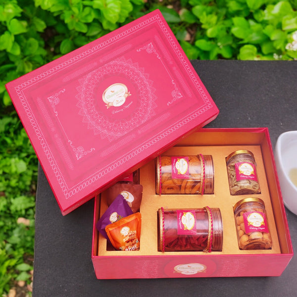 Corporate Gifts-Big Pink Hamper Box of Sweets / Bites, Namkeen and Dryfruit- Phb-1
