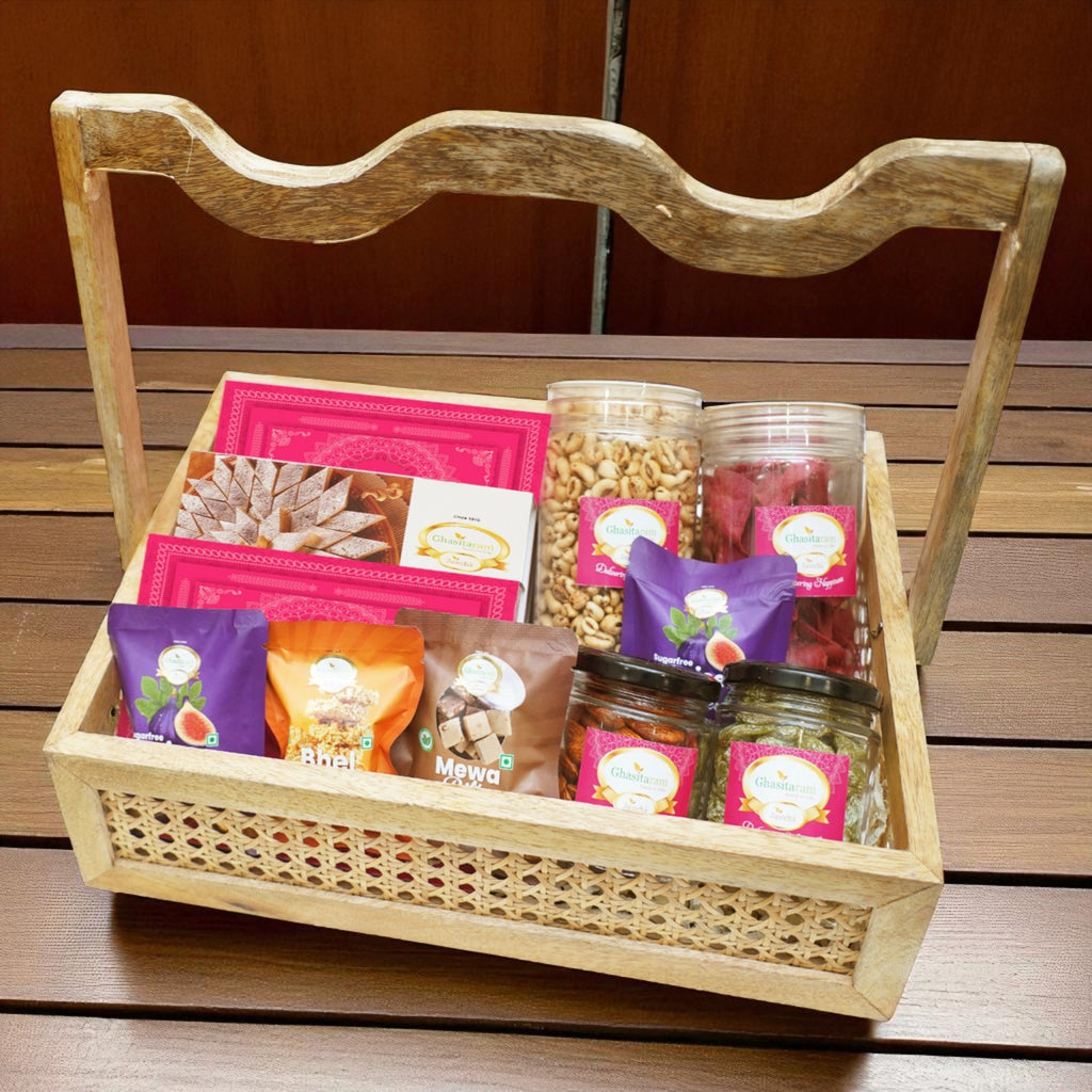 Corporate Gifts-Rattan Basket of 12 goodies with 3 sweets boxes