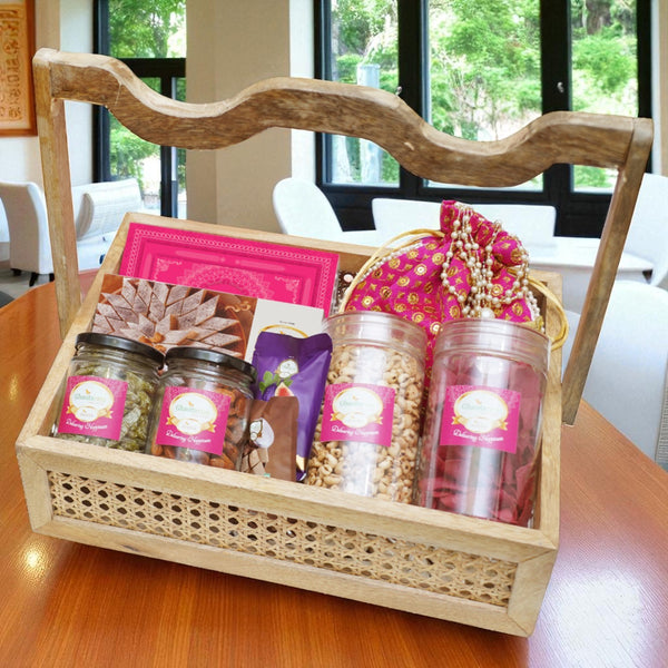 Corporate Gifts-Rattan Basket of 12 goodies with 3 sweets boxes