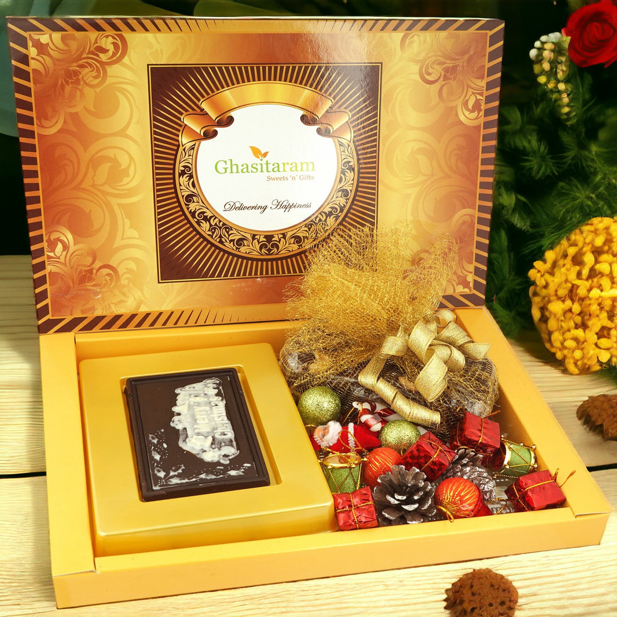 Big Box of Dryfruit Chocolate Bark , Plum Cake and Christmas Décor
