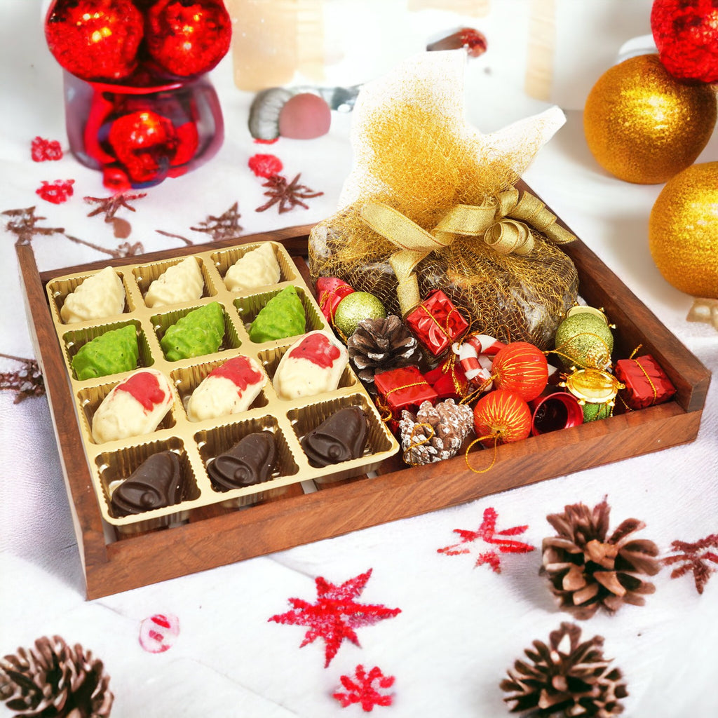 Big Wooden Serving Tray with Plum Cake, 12 pcs Christmas Chocolates and Christmas Decor set