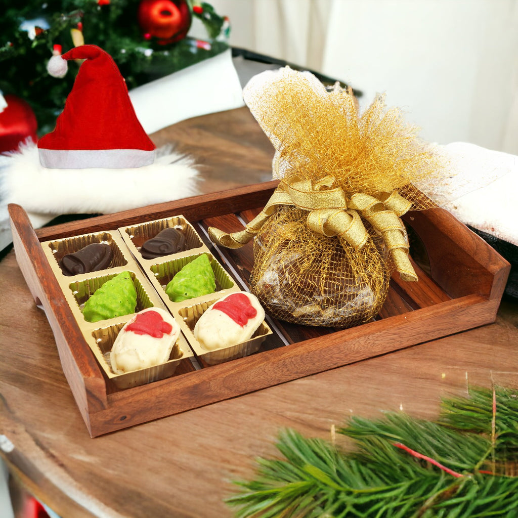 Striped Wooden Serving Tray with Plum Cake and 6 pcs Christmas Chocolates