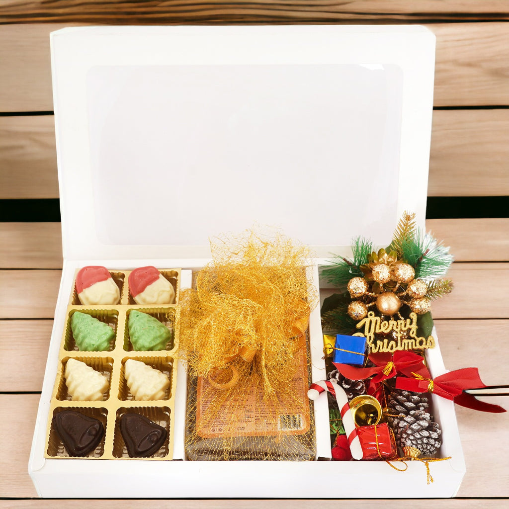White Christmas Hamper Box Big with chocolates, plum cake,wreath and décor