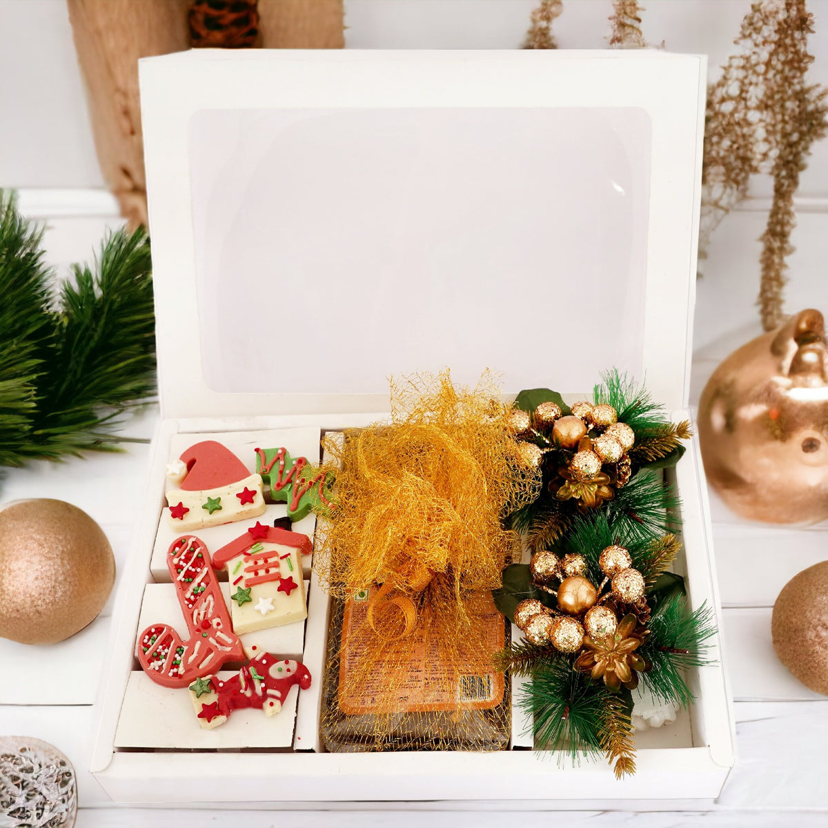 White Christmas Hamper Box Big with chocolates, plum cake,wreath and décor