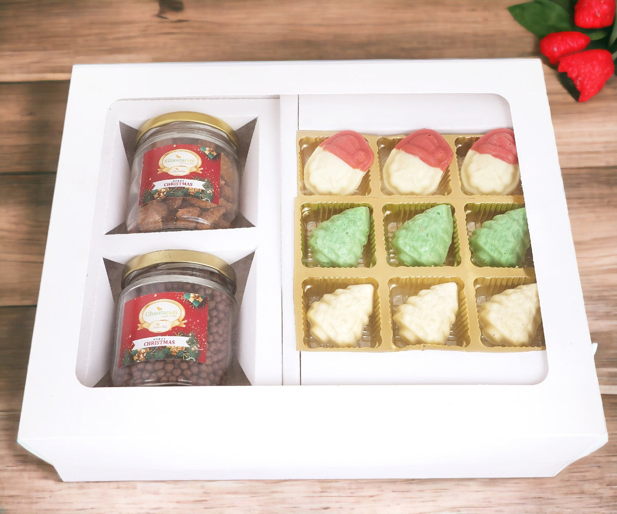 White Christmas Hamper Box Medium with Christmas Chocolates and 2 jars of Caramel Almond and Chocolated Coated Crispies