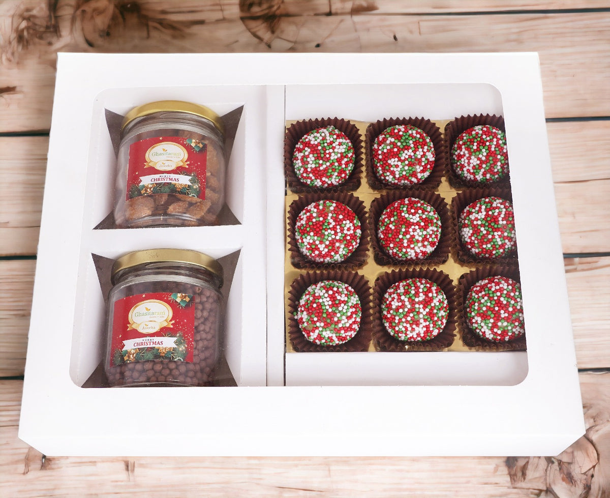 White Christmas Hamper Box Medium with Christmas Chocolates and 2 jars of Caramel Almond and Chocolated Coated Crispies