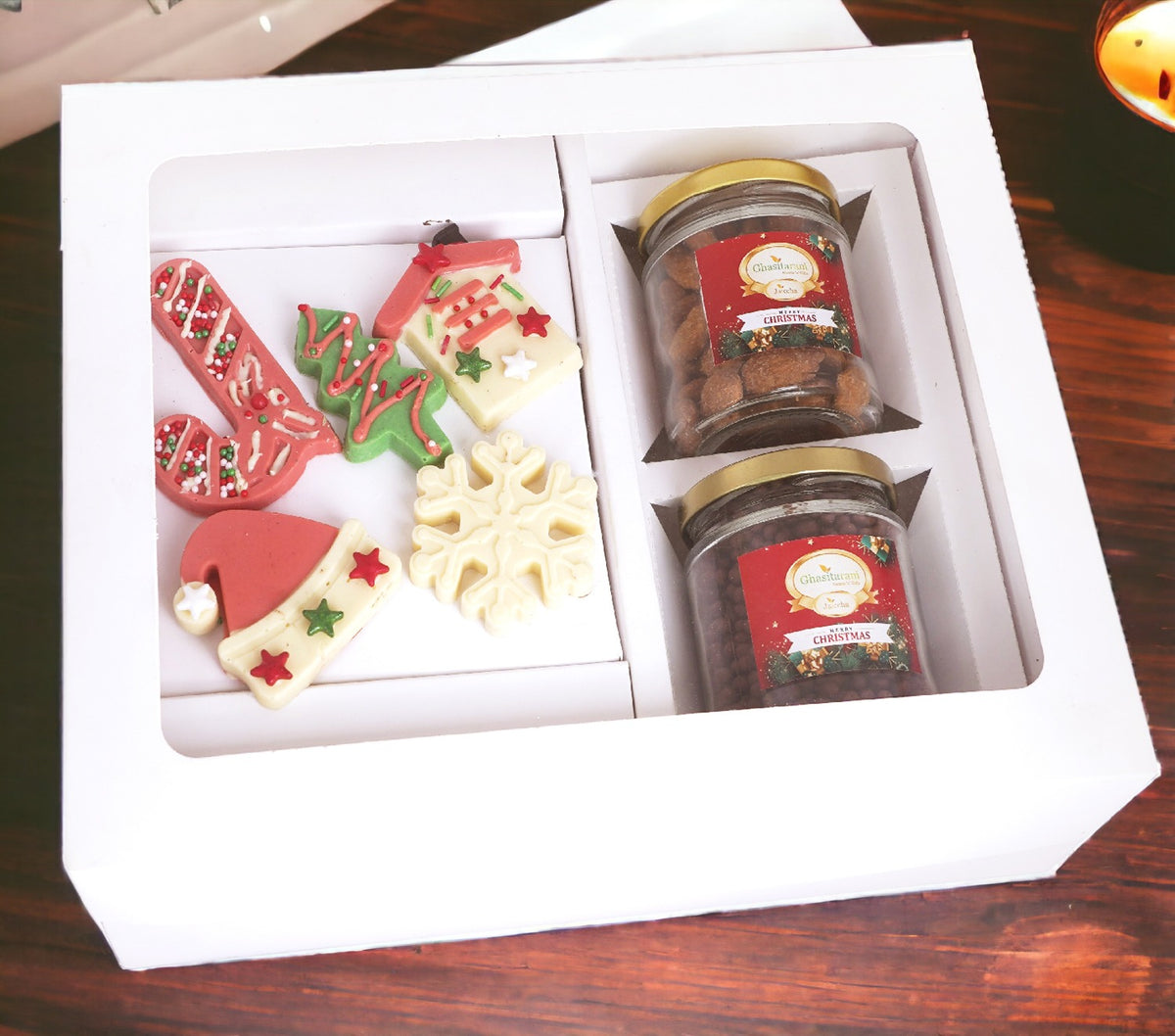 White Christmas Hamper Box Medium with Christmas Chocolates and 2 jars of Caramel Almond and Chocolated Coated Crispies