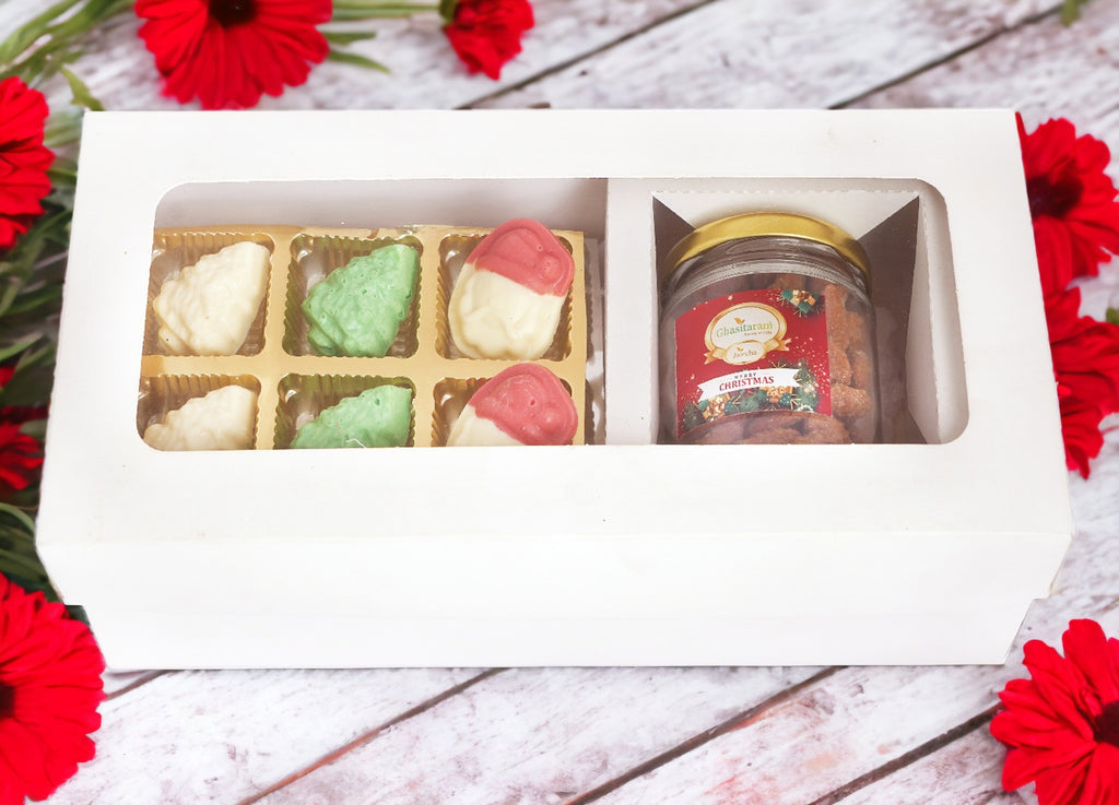 White Christmas Hamper Box Small with Christmas Chocolates and Caramel Almond Jar
