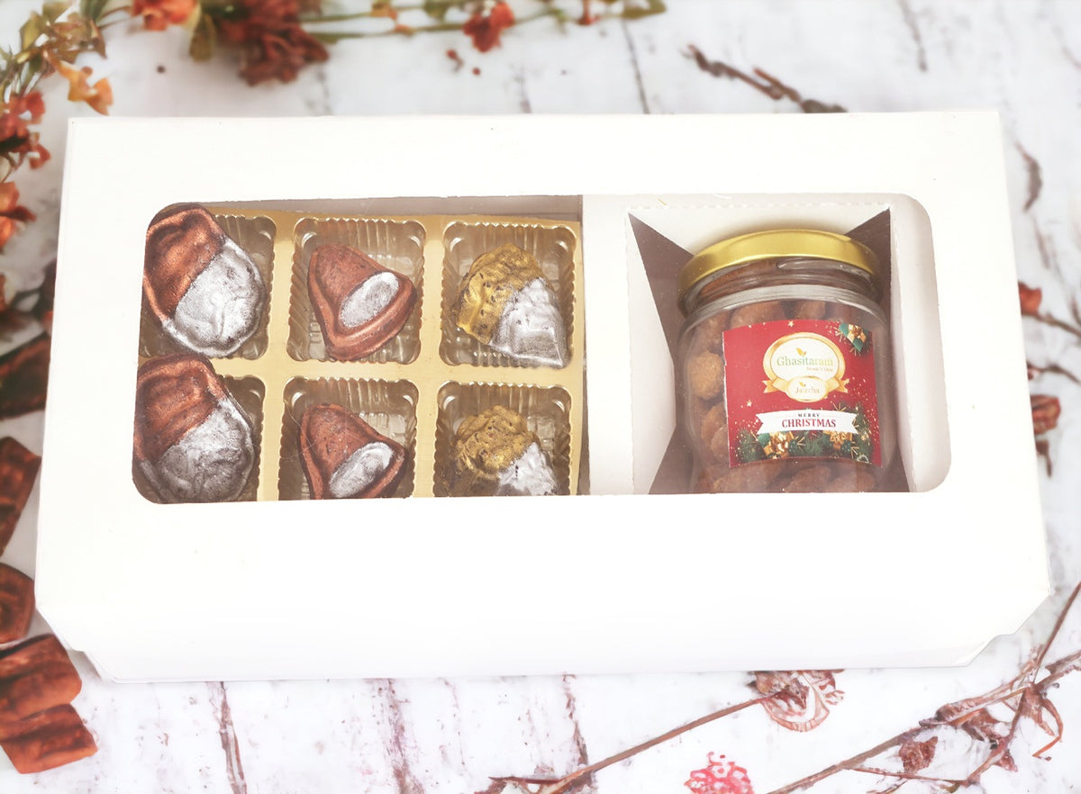 White Christmas Hamper Box Small with Christmas Chocolates and Caramel Almond Jar