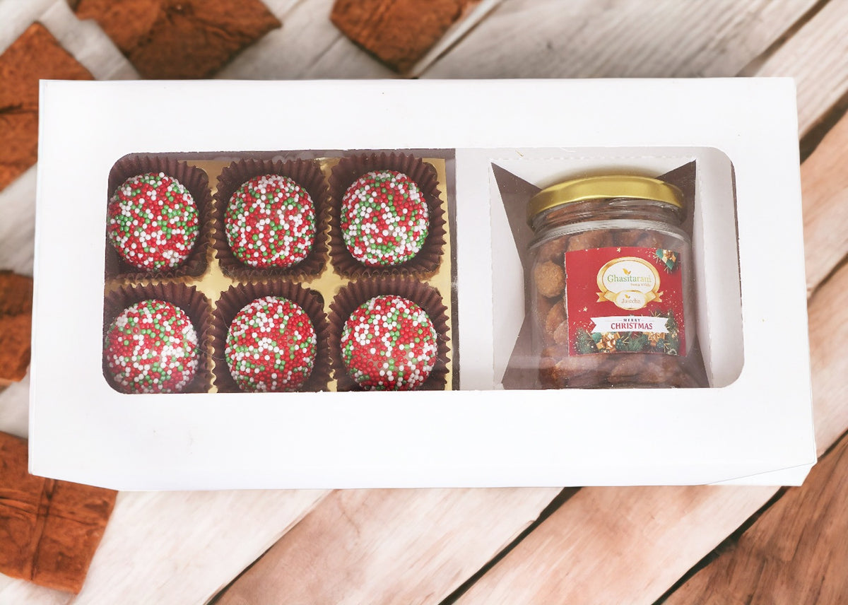 White Christmas Hamper Box Small with Christmas Chocolates and Caramel Almond Jar