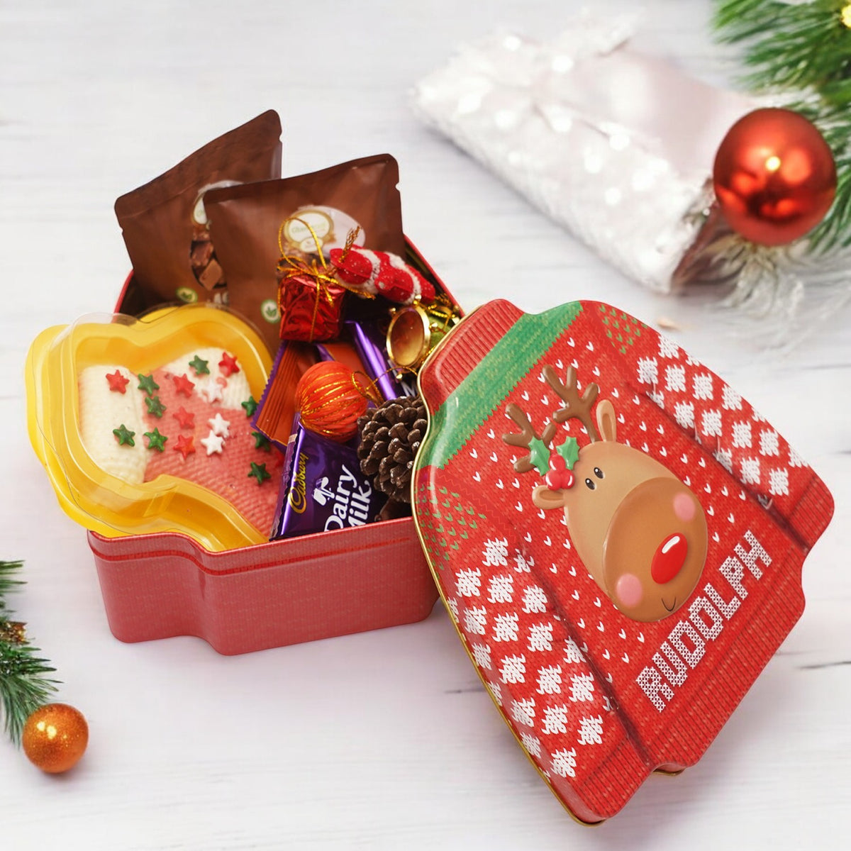Christmas Tin Box with Chocolate and Goodies