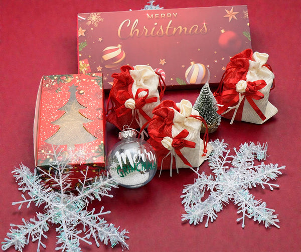 Rectangle Woven tray with plum cake, bites, chocolates, dry fruits and christmas décor