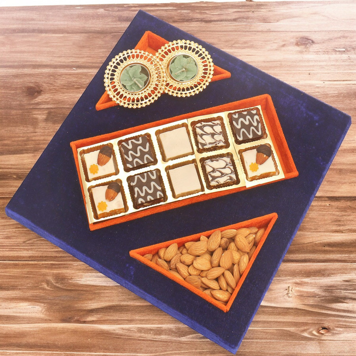 Blue Velvet Tray of Choco Dryfruit Bites, Almonds  and 2 T-Lites