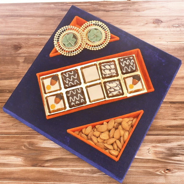 Blue Velvet Tray of Choco Dryfruit Bites, Almonds  and 2 T-Lites