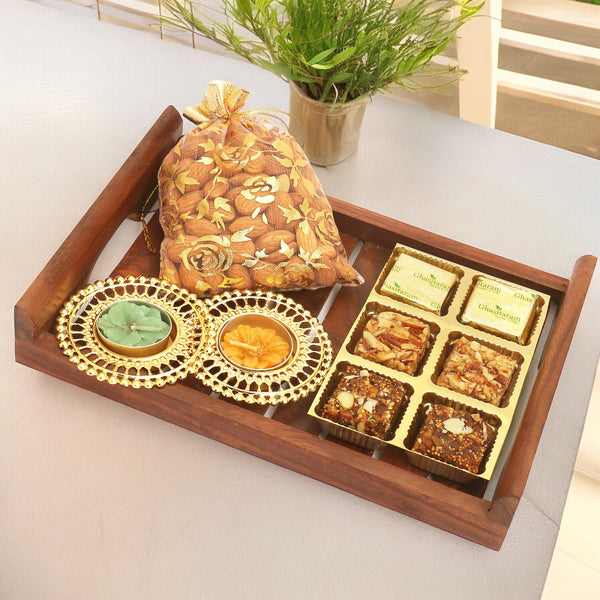 Diwali gift hampers-Striped Wooden Tray with Assorted Bites, Almonds and 2 T-lites