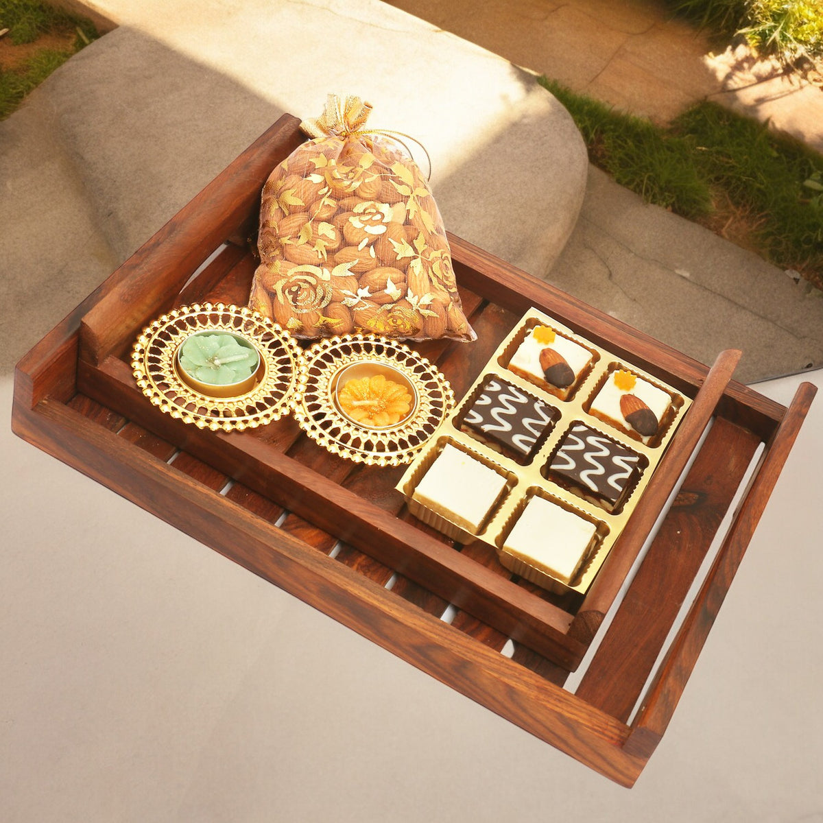 Diwali gift hampers-Striped Wooden Tray with Assorted Bites, Almonds and 2 T-lites