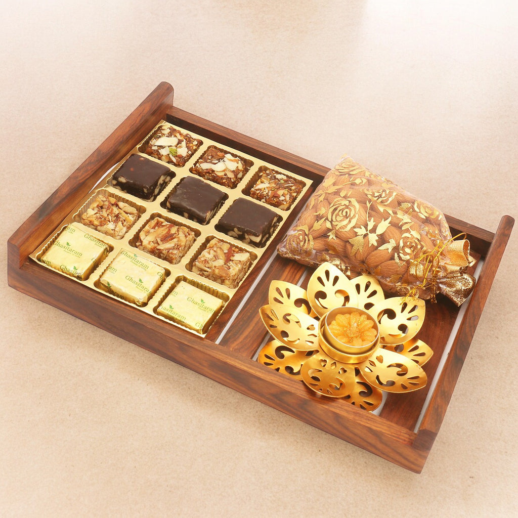 Wooden 12 pcs Assorted Bites Serving Tray with T-lite and Almonds Pouch