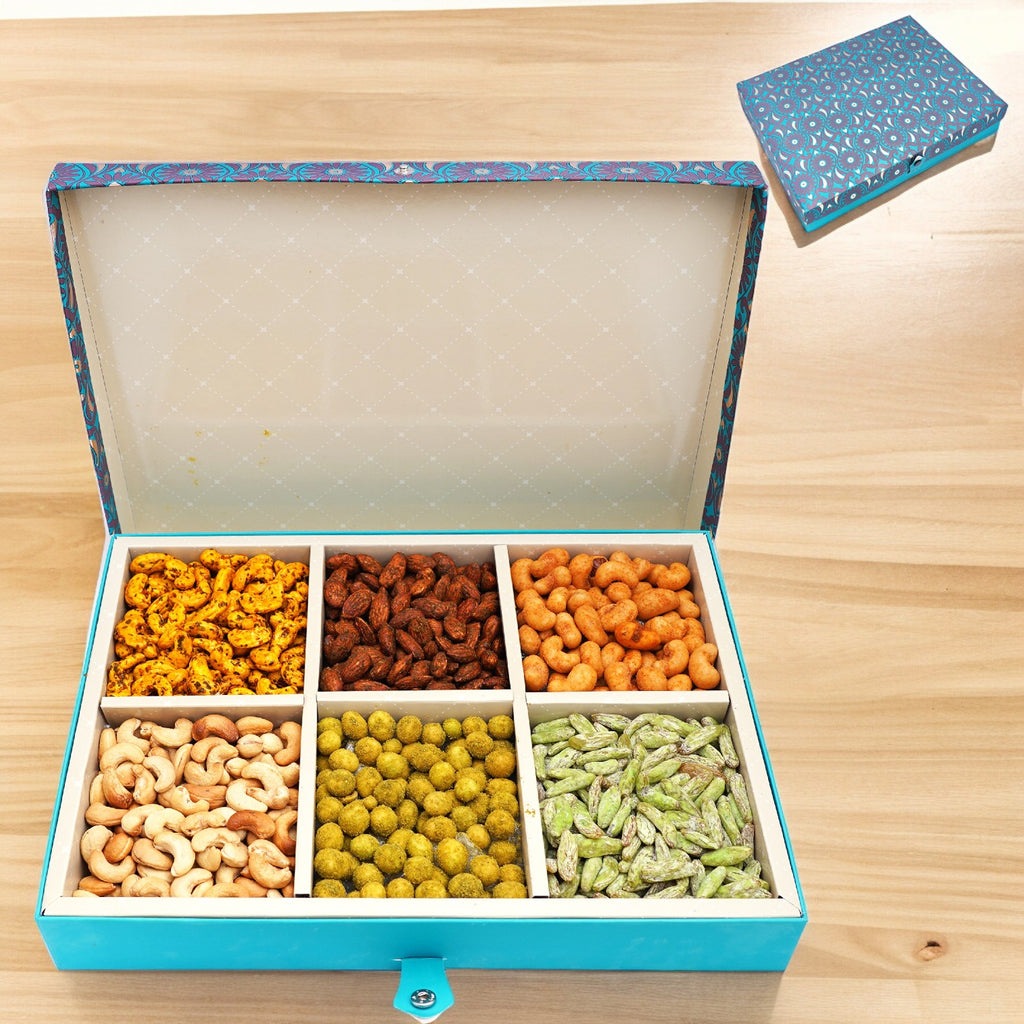 Corporate Gifts-Blue 6 Part Flavoured Nuts Box 900 gms