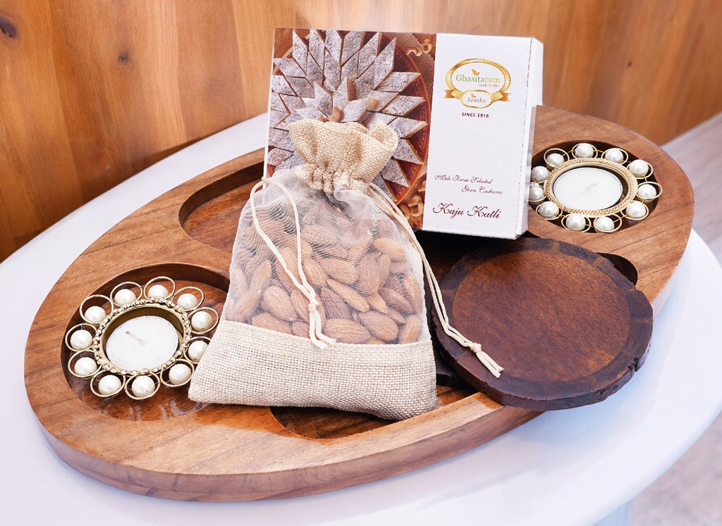 Mothers Day Gift-Chip n Dip Wooden Platter with T-lites, Coasters, Almonds Pouch And Kaju Katli