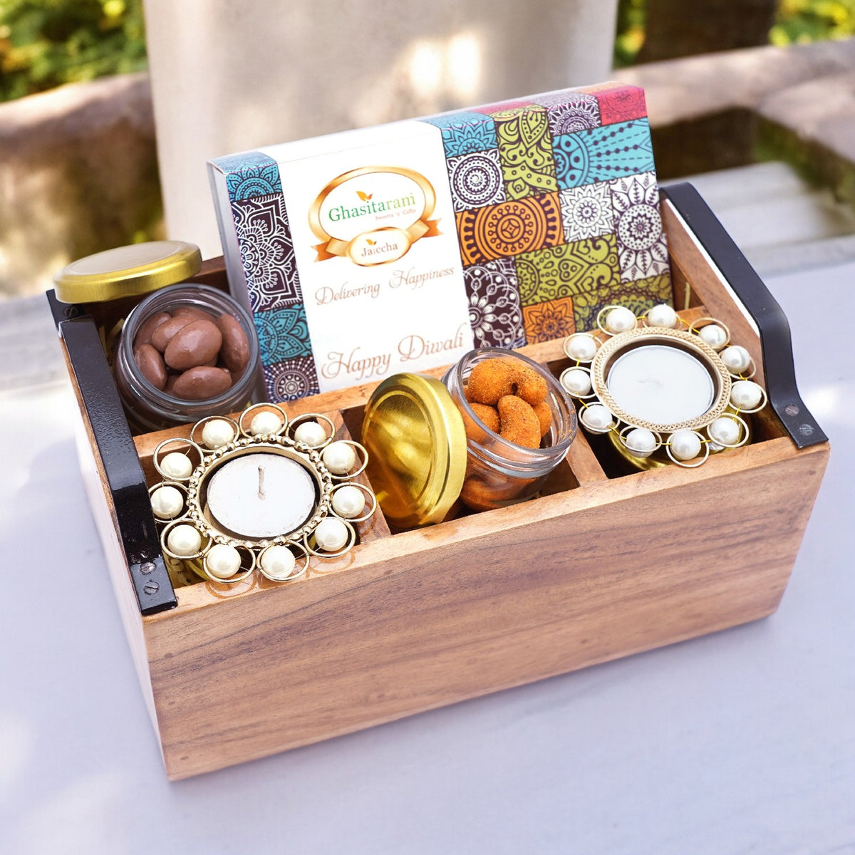 Wooden Cutlery Stand with T-lites, Bites, Crunchy Cashews, Chocolate Coated Almonds