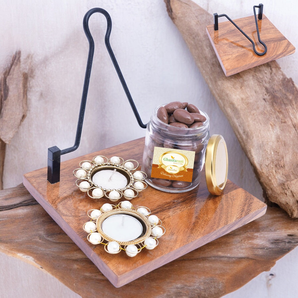 Napkin Holder with T-lites and Chocolate Coated Almonds Jar