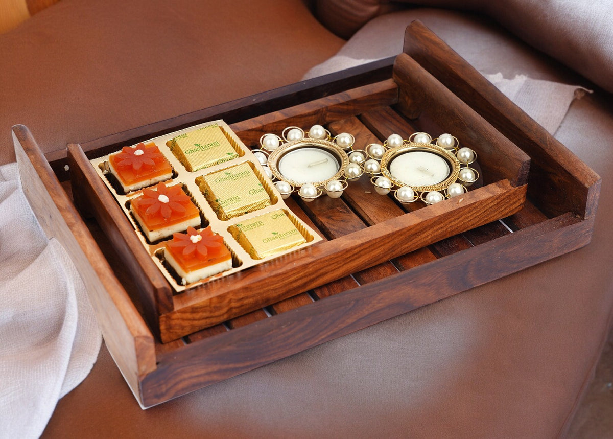 Diwali gift hampers-Big Striped Wooden Serving Tray of Assorted Bites