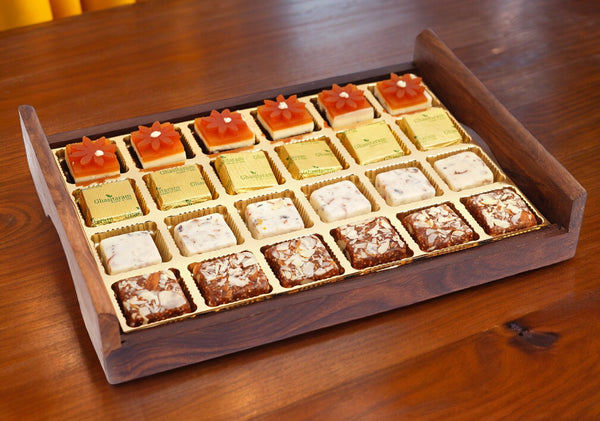Diwali gift hampers-Big Striped Wooden Serving Tray of Assorted Bites