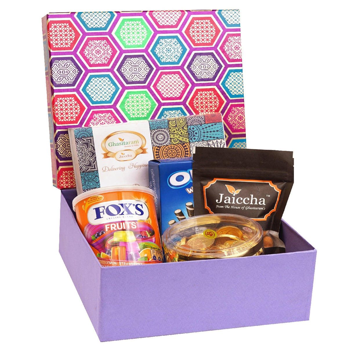 Gourmet hamper Box of Crunchy Coated Cashews, Oreo Wafer, Foxs, Coin Chocolates and Assorted Bites Box