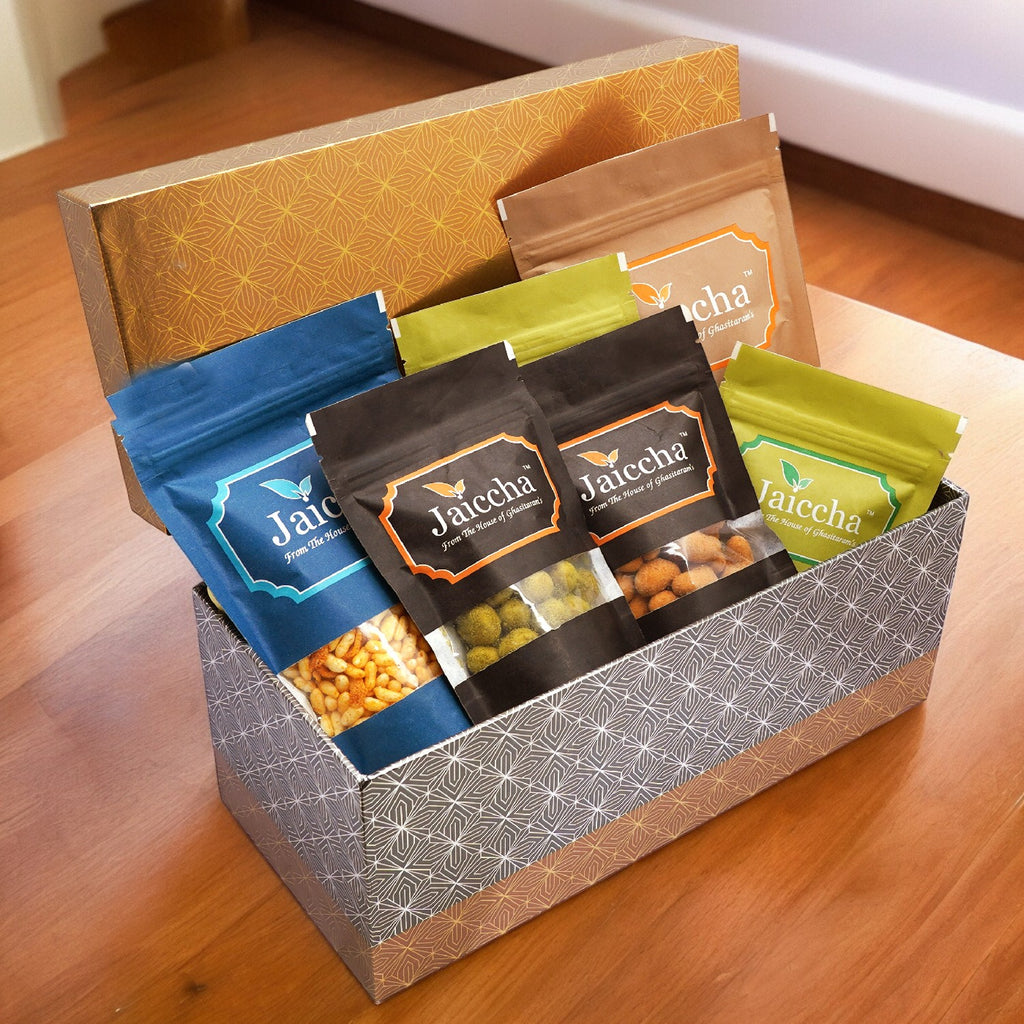 Mothers Day Gifts-Rectangle box of Badang Bhel, Butter Chakli Sticks, Chocolate Coated Butterscotch, Chocolate Coated Raisins, Crunchy Coated Cashews and Crunchy Coated Peanuts