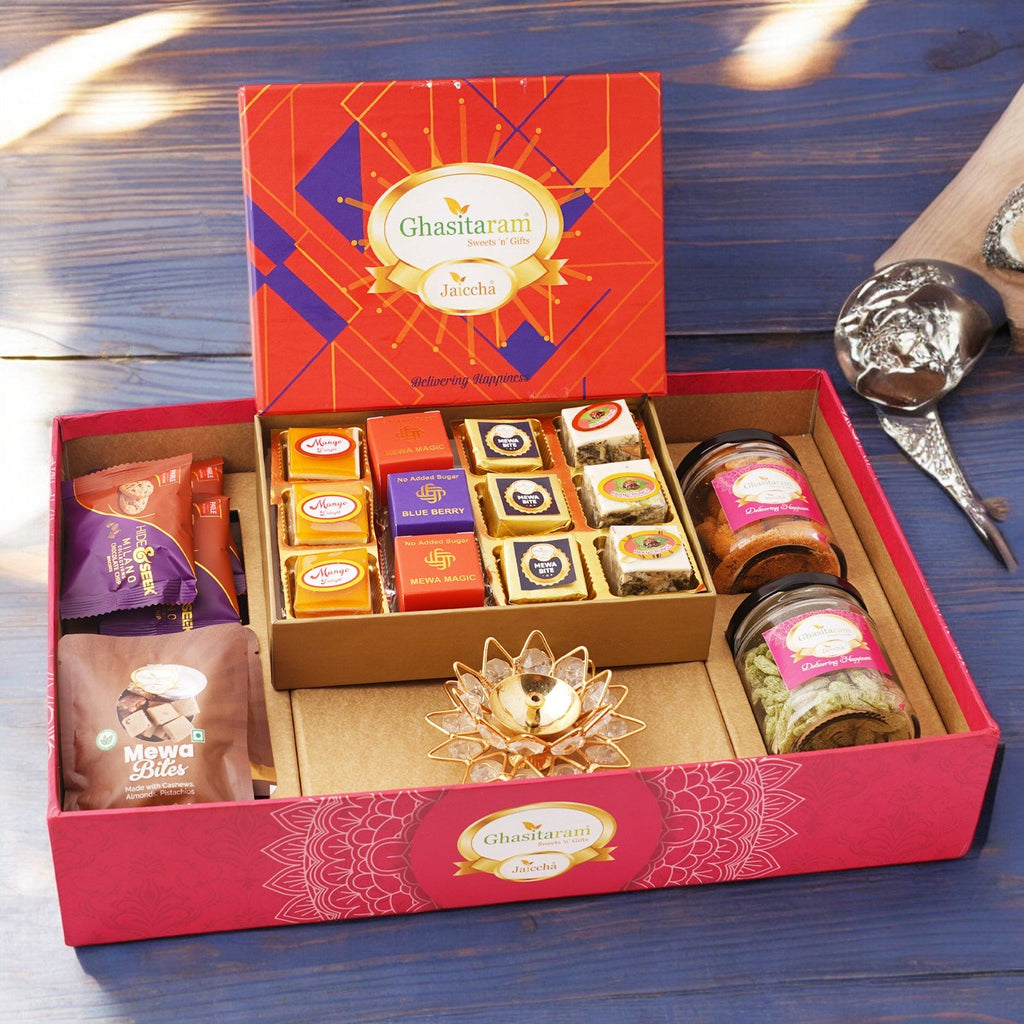 Diwali Gifts-Big Hamper tray with best bites, diya, and crunchy cashew, Flavour raisins, mewa bites and cookies